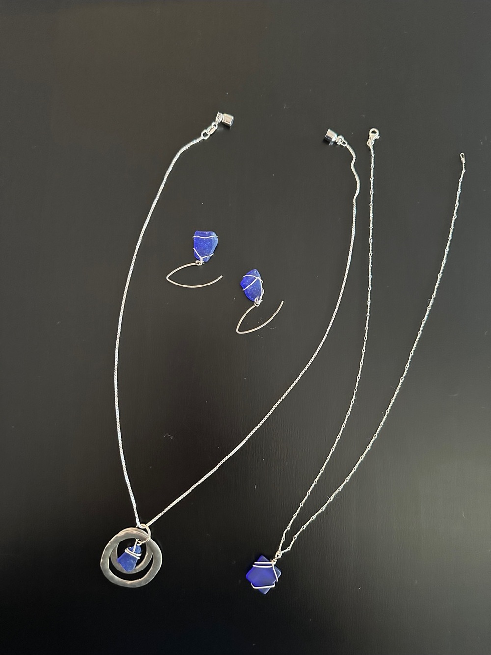 Two Blue Sea Glass Pendant Necklaces with Matching Earrings - Silver